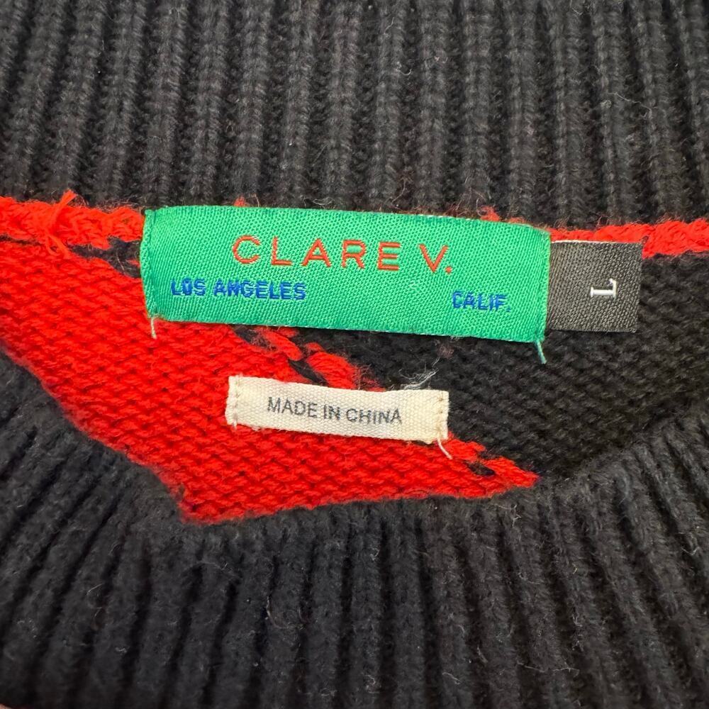 CLARE V. DROP Cotton Cashmere SHOULDER SWEATER BLACK/POPPY Stripe Size Large - Picture 6 of 8